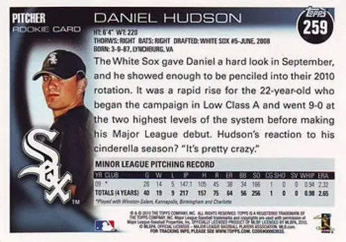 Daniel Hudson rookie White Sox baseball card from 2010 Topps #259 NM-MT RC