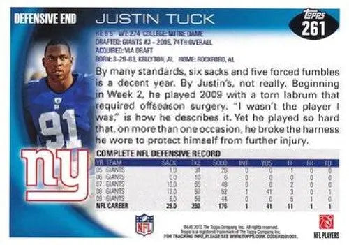 2010 Topps #261 Justin Tuck NM-MT NY Giants ID:81350 - Football Card Single