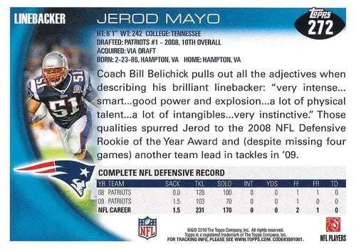 2010 Topps #272 Jerod Mayo NM-MT Patriots ID:81351 - Football Card Single