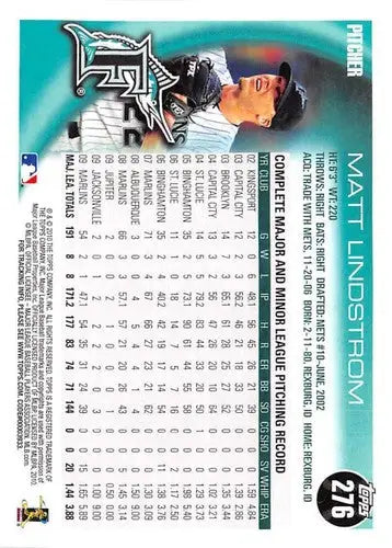 Baseball card back of 2010 Topps Matt Lindstrom Marlins NM-MT with original gloss