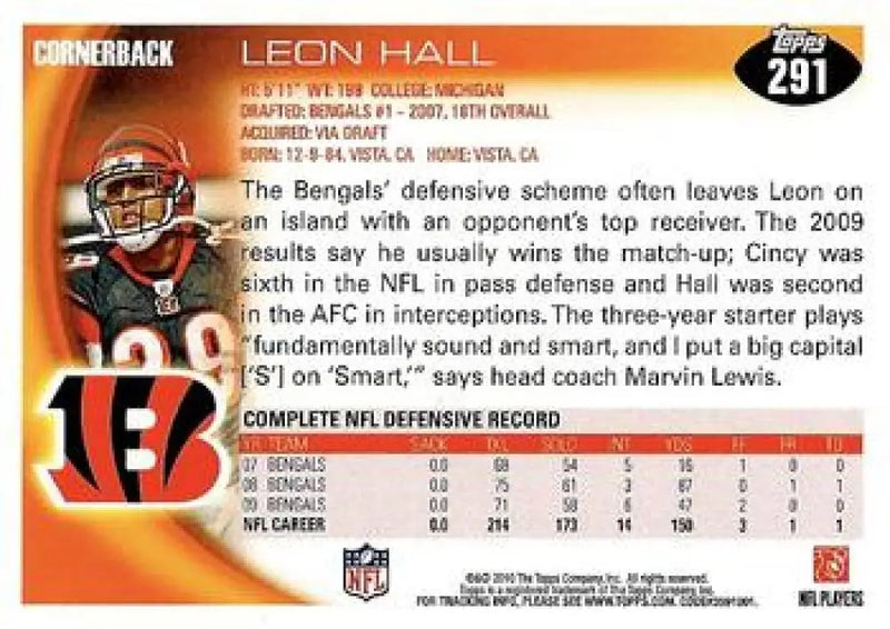 2010 Topps #291 Leon Hall NM-MT Bengals ID:81354 - Football Card Single