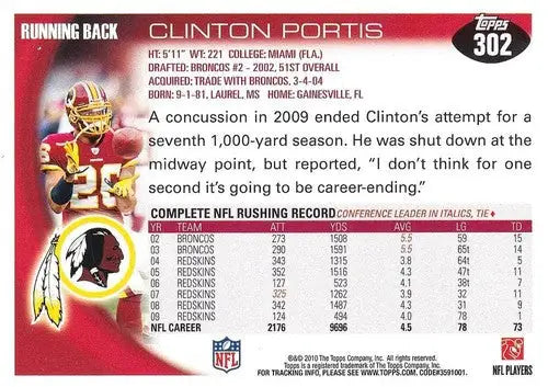 2010 Topps #302 Clinton Portis NM-MT Redskins ID:81356 - Football Card Single