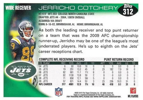 2010 Topps #312 Jerricho Cotchery NM-MT NY Jets ID:81357 - Football Card Single