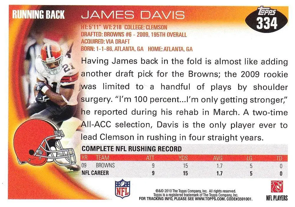 2010 Topps #334 James Davis NM-MT Browns ID:81361 - Football Card Single