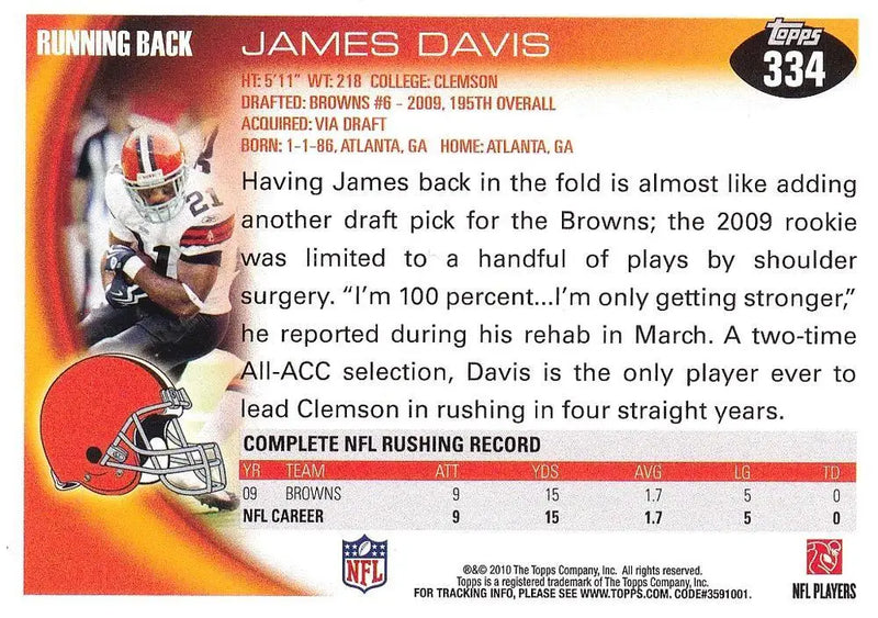 2010 Topps #334 James Davis NM-MT Browns ID:81361 - Football Card Single