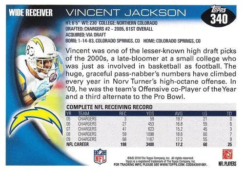 2010 Topps #340 Vincent Jackson NM-MT Chargers ID:81362 - Football Card Single