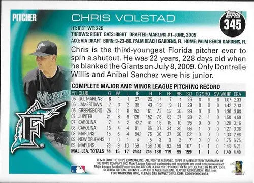 2010 Topps #345 Chris Volstad baseball card with original gloss and NM-MT grade