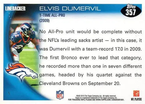 2010 Topps #357 Elvis Dumervil NM-MT Broncos AP ID:81367 - Football Card Single
