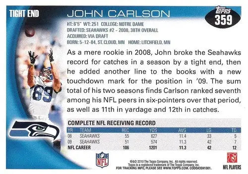 2010 Topps #359 John Carlson NM-MT Seahawks ID:81368 - Football Card Single