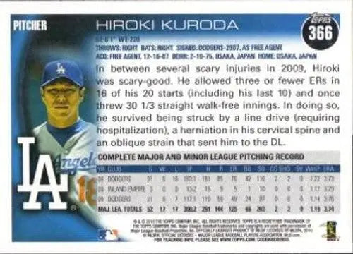 Hiroki Kuroda baseball card with original gloss from 2010 Topps #366 Dodgers NM-MT