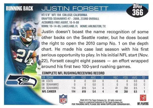 2010 Topps #366 Justin Forsett NM-MT Seahawks ID:81369 - Football Card Single