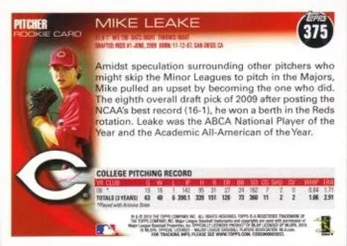2010 Topps #375 Mike Leake NM-MT RC Rookie Reds ID:72316 - Baseball Card Single