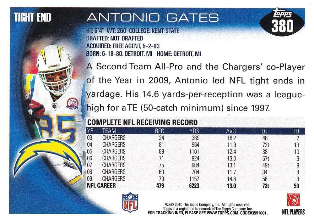 2010 Topps #380 Antonio Gates NM-MT Chargers ID:81373 - Football Card Single