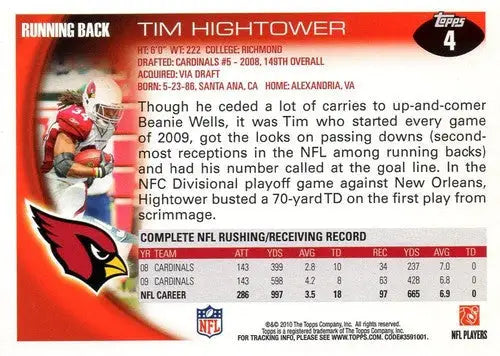 2010 Topps #4 Tim Hightower NM-MT Cardinals ID:81316 - Football Card Single