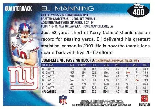 2010 Topps #400 Eli Manning NM-MT NY Giants ID:81375 - Football Card Single