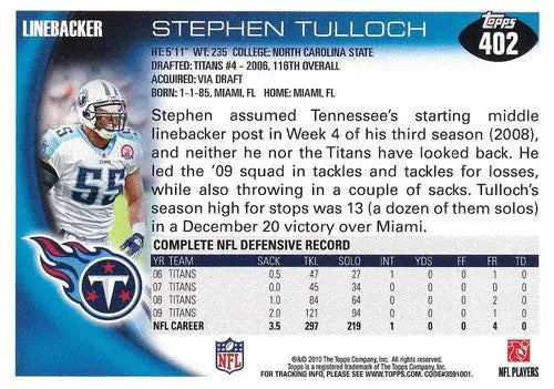 2010 Topps #402 Stephen Tulloch NM-MT Titans ID:81377 - Football Card Single