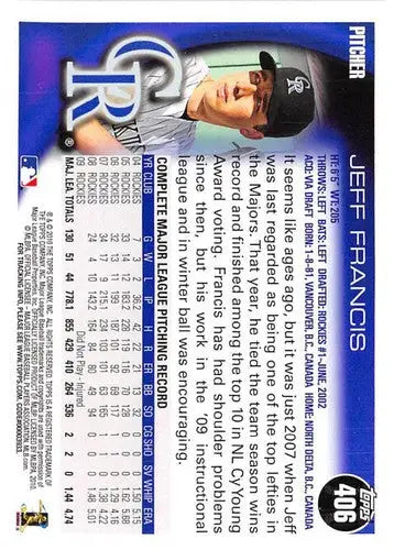 2010 Topps #406 Jeff Francis NM-MT Rockies ID:70897 - Baseball Card Single