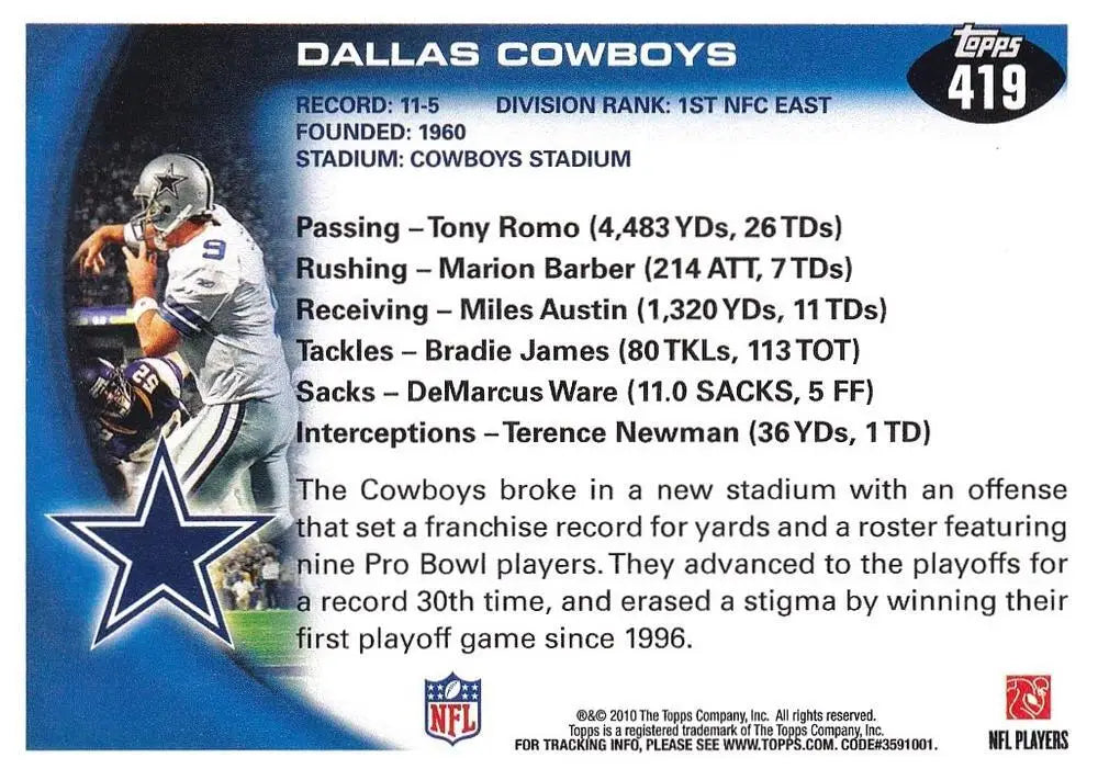 2010 Topps #419 Tony Romo/Marion Barber NM-MT Cowboys TC ID:81380 - Football Card Single