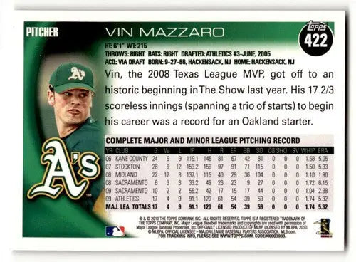 2010 Topps #422 Vin Mazzaro Oakland Athletics Baseball Cards EX/NM ID:59812 - Baseball Card Single