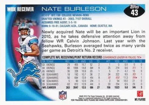 2010 Topps #43 Nate Burleson NM-MT Lions ID:81319 - Football Card Single