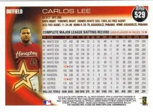 Baseball trading card of Carlos Lee with original gloss from 2010 Topps #529 Astros