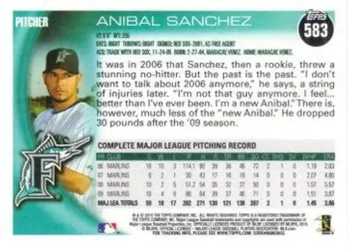 Baseball card back of 2010 Topps #583 Anibal Sanchez NM-MT Marlins with original gloss