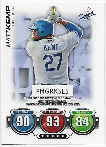 2010 Topps Attax Code Matt Kemp baseball card Dodgers NM-MT for Topp­s Attax game