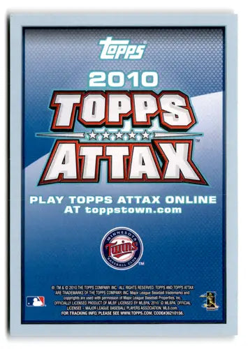Topps Attax Code Card featuring Justin Morneau from 2010 Series 2 Twins collection
