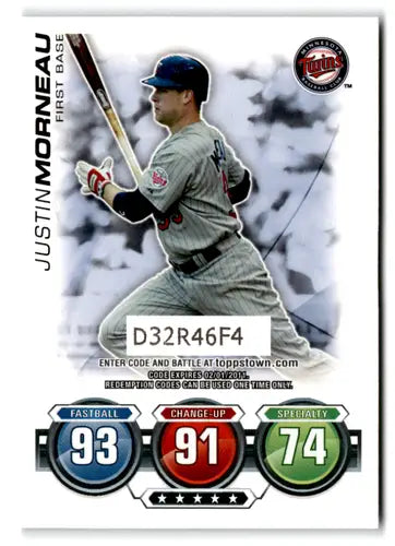 Baseball trading card featuring Justin Morneau from 2010 Topps Attax Code Cards Series 2