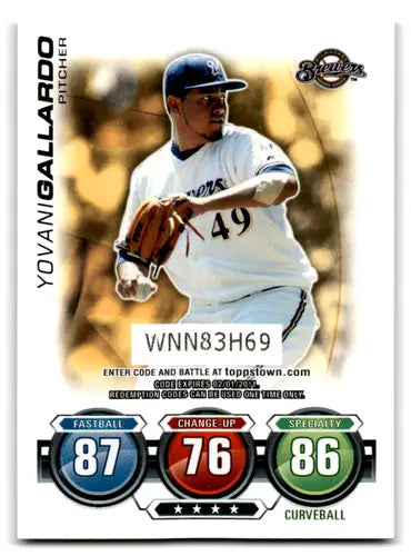 Baseball card from 2010 Topps Attax Code Cards Series 2 featuring Yovani Gallardo Brewers