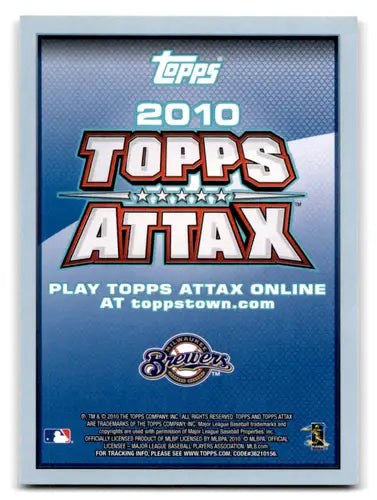 Topps Attax 2010 card from Code Cards Series featuring Yovani Gallardo Brewers ID 71896