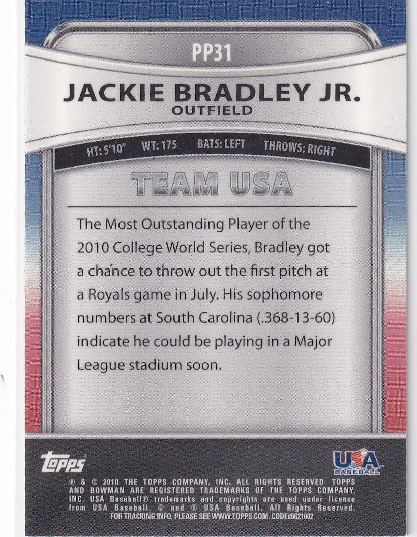 2010 TOPPS BOWMAN PRESTINE #PP-31 JACKIE BRADLEY JR- USA - Baseball Card Single