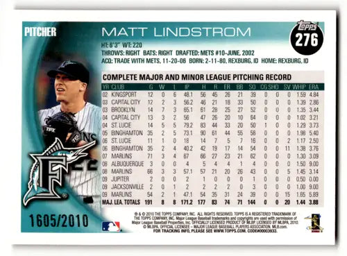 Back of 2010 Topps Gold Matt Lindstrom baseball card with original gloss and Marlins ID