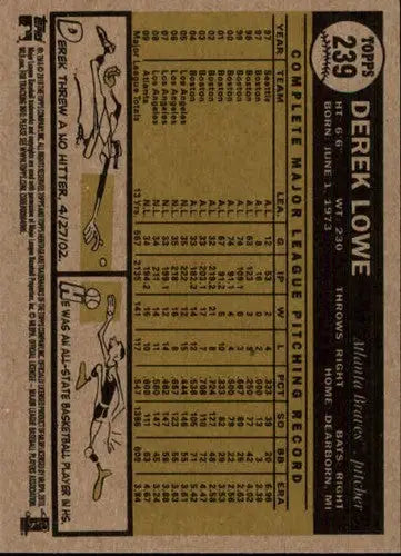 2010 Topps Heritage Derek Lowe baseball card back with original gloss and Braves ID