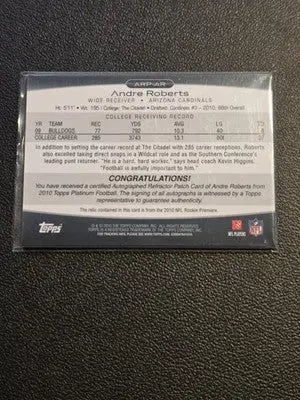 2010 Topps Platinum #ARP-AR Andre Roberts Autographed Patches #/800 - Football Card Single