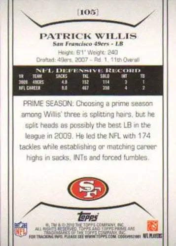 2010 Topps Prime #105 Patrick Willis NM-MT 49ers ID:81447 - Football Card Single