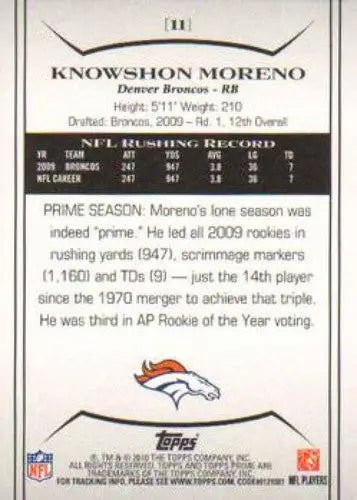 2010 Topps Prime #11 Knowshon Moreno NM-MT Broncos ID:81431 - Football Card Single