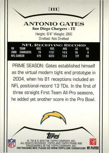2010 Topps Prime #111 Antonio Gates NM-MT Chargers ID:81448 - Football Card Single