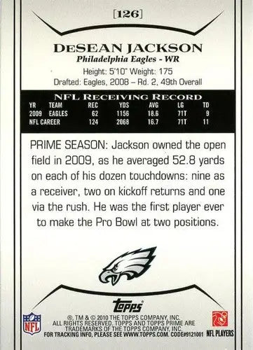 2010 Topps Prime #126 DeSean Jackson NM-MT Eagles ID:81449 - Football Card Single