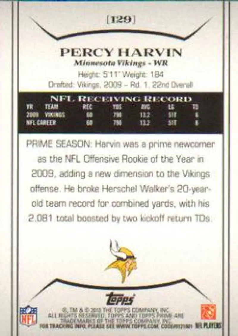 2010 Topps Prime #129 Percy Harvin NM-MT Vikings ID:81450 - Football Card Single