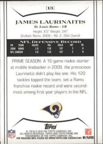2010 Topps Prime #13 James Laurinaitis NM-MT Rams ID:81432 - Football Card Single