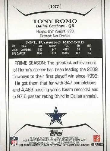 2010 Topps Prime #137 Tony Romo NM-MT Cowboys ID:81451 - Football Card Single