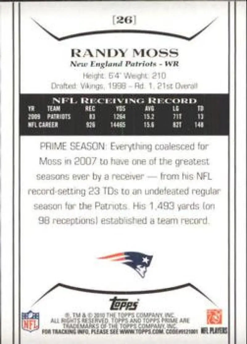 2010 Topps Prime #26 Randy Moss NM-MT Patriots ID:81434 - Football Card Single