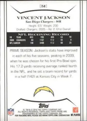 2010 Topps Prime #51 Vincent Jackson NM-MT Chargers ID:81438 - Football Card Single