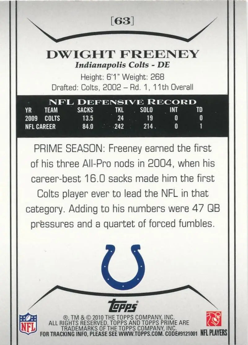 2010 Topps Prime #63 Dwight Freeney NM-MT Colts ID:81440 - Football Card Single