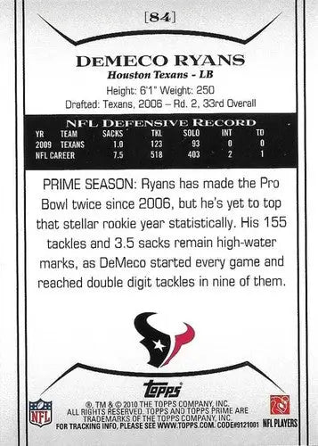 2010 Topps Prime #84 DeMeco Ryans NM-MT Texans ID:81443 - Football Card Single