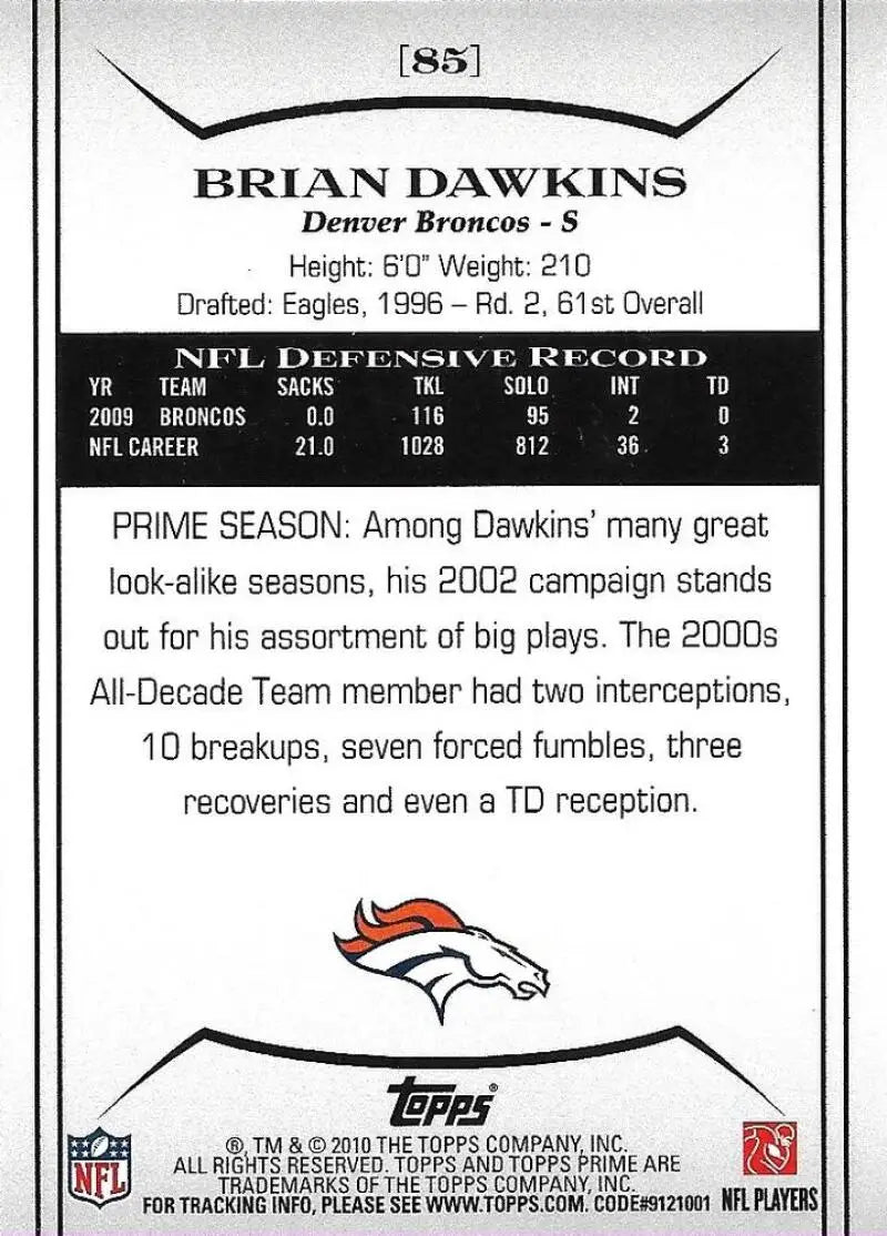 2010 Topps Prime #85 Brian Dawkins NM-MT Broncos ID:81444 - Football Card Single