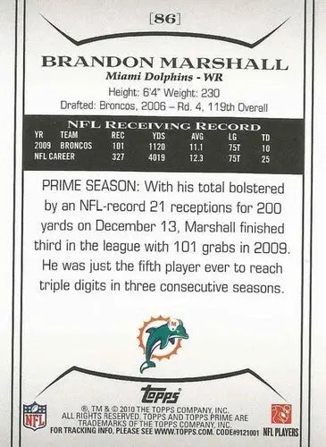 2010 Topps Prime #86 Brandon Marshall NM-MT Dolphins ID:81445 - Football Card Single