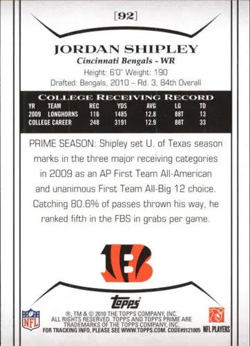 2010 Topps Prime Retail #92 Jordan Shipley NM-MT Bengals ID:20955 - Football Card Single