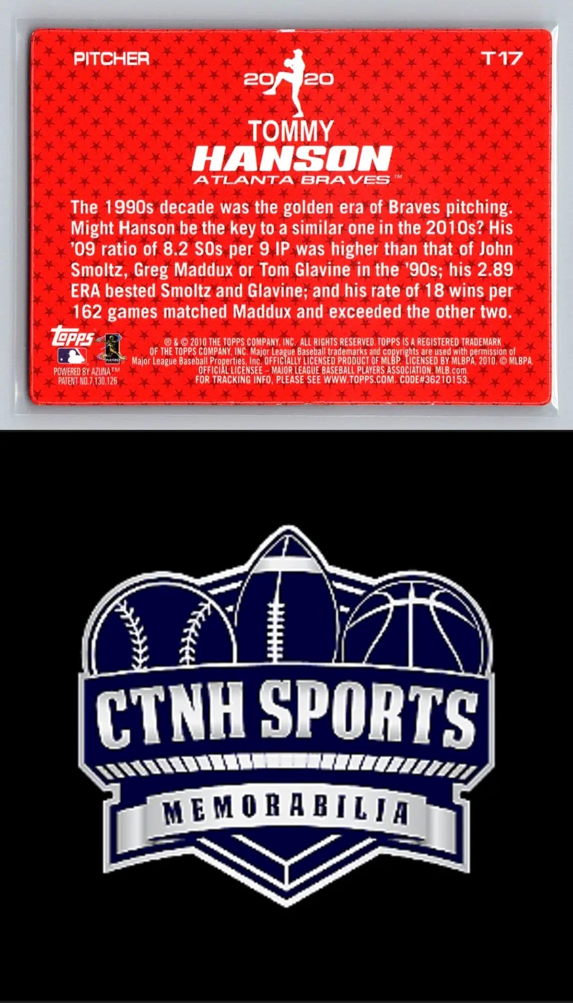 Baseball card back of 2010 Topps T17 Tommy Hanson featuring Atlanta Braves details